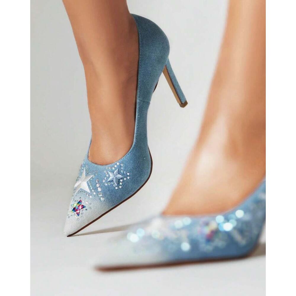 NEW Blue Jean Sparkly Rhinestone Star Embellished Denim Stiletto Heels